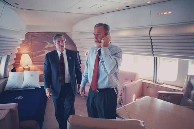 President George W Bush, in his bedroom on Air Force 1 on 9/11 with Chief of Staff Andy Card