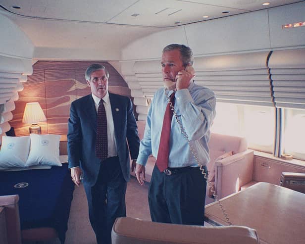 President George W Bush, in his bedroom on Air Force 1 on 9/11 with Chief of Staff Andy Card