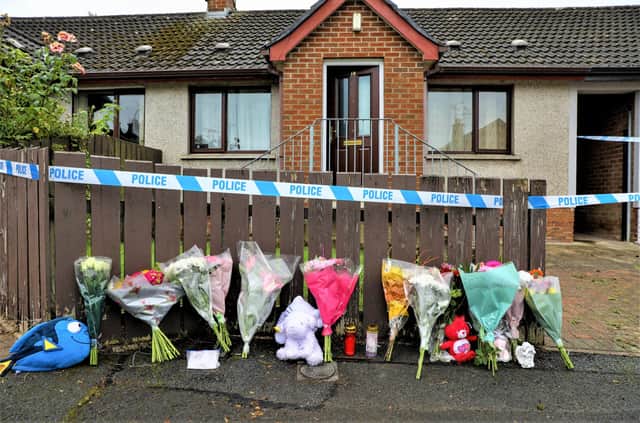 Flowers and teddy bears at a house in Dungannon, from where the child was taken to hospital and later died.

Picture: Press Eye