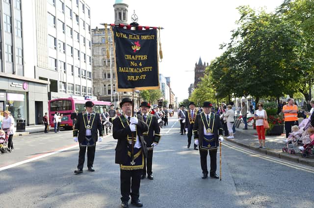 Royal Black Institution 'Last Saturday' parade in Belfast, one of 28 in Northern Ireland. Picture By: Arthur Allison/Pacmaker.