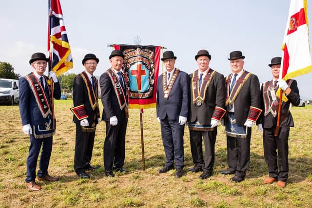 Sovereign Grand Master Rev William Anderson joined with Sir Knights in Desertmartin for a parade organised by South Londonderry RBDC No 4. 
Rev Anderson is pictured with County and District Officers