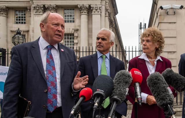 Jim Allister, Ben Habib and Baroness Hoey at court in Belfast for anti protocol case, which failed at its first hurdle and might be going to the Supreme Court. The DUP and UUP are also supporting the legal challenge. Pacemaker