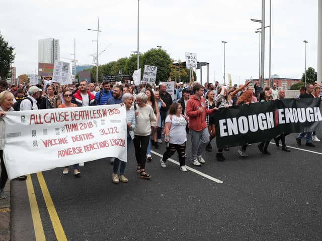 A recent march and protest rally in Belfast city centre,,demonstrating against Covid-19 vaccine passports and other restrictions.Photo: Kelvin Boyes / Press Eye