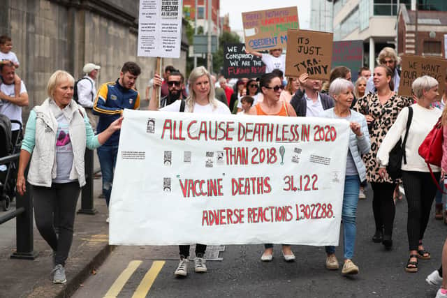 Participants in a march and protest rally in Belfast City centre organised by 'A future for us and our children parade'.

Photo by Kelvin Boyes / Press Eye