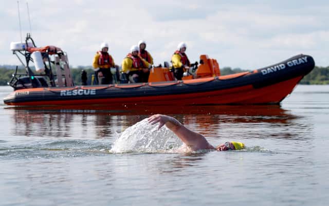 Francie McAlinden last Friday towards the end of his five-day 65-mile (105km) swim around Lough Neagh. ©MAC Visual Media, Picture by Paul McCambridge/Wildswim.ie