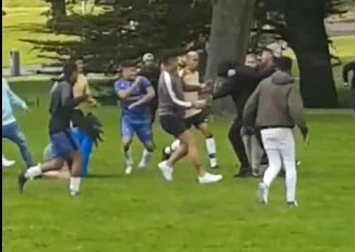Portadown's People's Park was the scene of a mass brawl on Sunday during which one man was stabbed. Screenshot from a video of the incident.