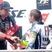 Valentino Rossi congratulates John McGuinness on winning the 2009 Superbike race at the Isle of Man TT.