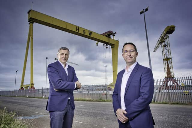 Pictured in Titanic Quarter in Belfast are Brian Cummings, investment director at Clarendon Fund Managers, which manages CoFund NI, and Alan Foreman, CEO of portfolio company B-Secur