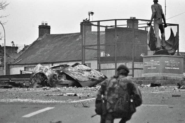 Scene of a booby-trap bomb in Crossmaglen in 1983 which wounded two people