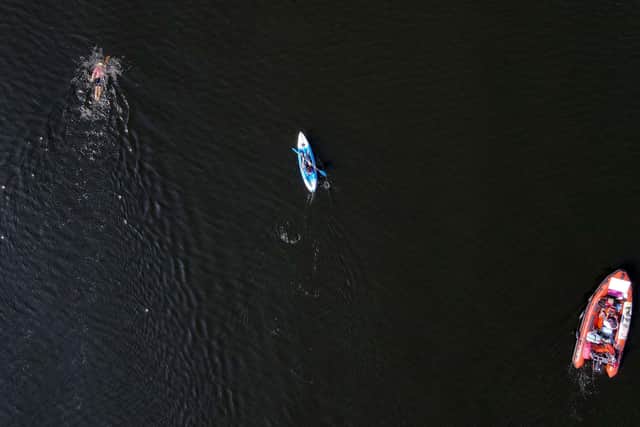 A striking aerial photograph of 
Francie McAlinden progressing on his record Lough Neagh swim  ©MAC Visual Media -
Picture by Paul McCambridge/Wildswim.ie