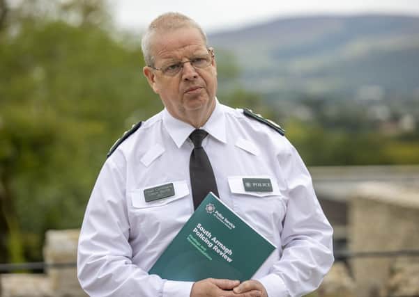PSNI Chief Constable Simon Byrne during an interview at the Killeavy Castle Hotel, Newry, after briefing members of the South Armagh community on the details of the report on policing in the area.