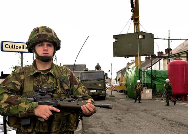 02-08-2000: Army engineers removing a sangar at the square in Crossmaglen, south Armagh, which had been an important observation post and an IRA target for many years