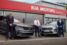 Pictured celebrating the new dealership are Andrew Gilmore, Brand Director, Jason Hawthorne, Kia Franchise Sales Manager and Stephen Morton, Kia Newtownabbey Sales Manager