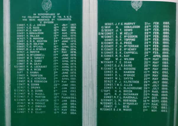 Two large tablets in Newry police station contain the names of 59 officers who were murdered while serving in the old RUC ‘H Division’ area between 1957 and 1993