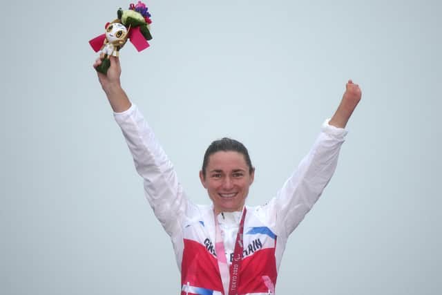 Great Britain's Sarah Storey celebrates winning the gold medal in the Women's C4-5 Road Race at the Fuji International Speedway