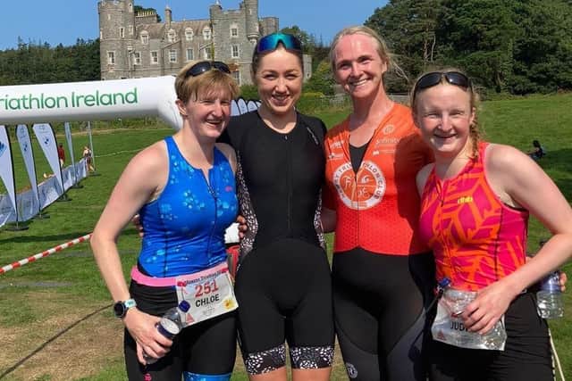 Chloe MacCombe with guide Catherine, Leona, sight guide, and Judith MacCombe at the recent Mourne Triathlon