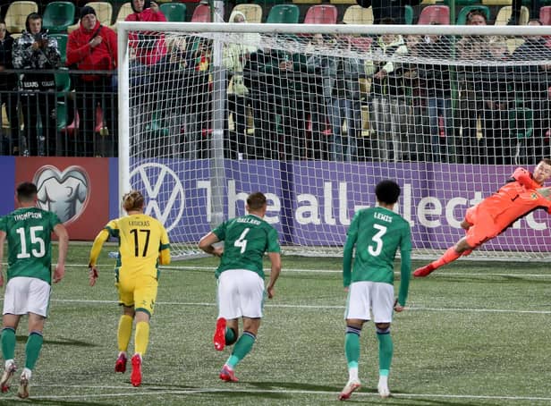Bailey Peacock-Farrell saves a penalty during the World Cup Qualifier at the LFF Stadium in Vilnius.  Photo by William Cherry / Presseye
