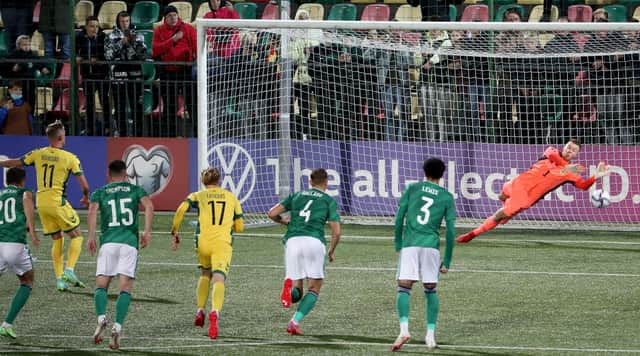 Bailey Peacock-Farrell saves a penalty during the World Cup Qualifier at the LFF Stadium in Vilnius.  Photo by William Cherry / Presseye