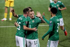 Shayne Lavery celebrates his first Northern Ireland goal in the World Cup Qualifier at the LFF Stadium in Vilnius.  Photo by William Cherry / Presseye