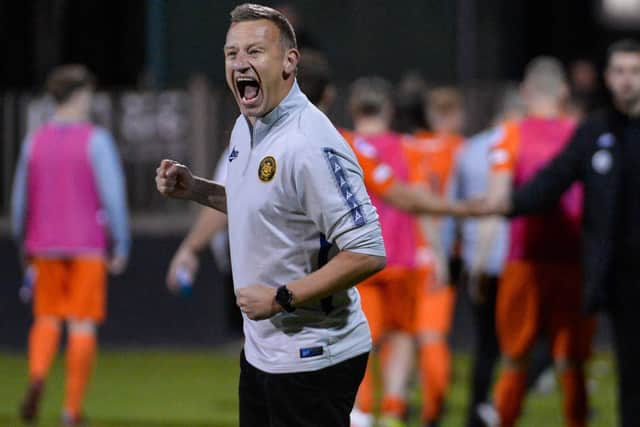Stuart King celebrating his first victory as a Premiership manager following the midweek defeat of Warrenpoint Town for Carrick Rangers. Pic by Pacemaker.