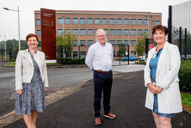 Anne Marie McGoldrick, co-founder, The Electric Storage Company and Eddie McGoldrick, director and co-founder, The Electric Storage Company with Grainne McVeigh, director of Advanced Manufacturing & Engineering, Invest NI