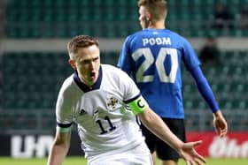 Shane Ferguson celebrating on his big night for Northern Ireland in Estonia. Pic by PressEye Ltd.
