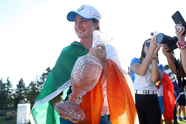 Leona Maguire of Team Europe celebrates with the Solheim Cup after winning over Team USA at the Inverness Club in Toledo, Ohio. (Photo by Maddie Meyer/Getty Images).