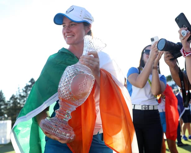 Leona Maguire of Team Europe celebrates with the Solheim Cup after winning over Team USA at the Inverness Club in Toledo, Ohio. (Photo by Maddie Meyer/Getty Images).
