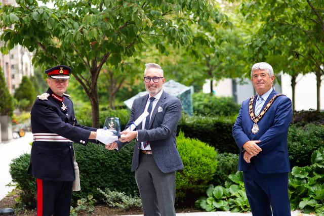 Lord Lieutenant of County Antrim, Mr David McCorkell and Mayor of Antrim and Newtownabbey, Councillor BIlly Webb are pictured with Martin McKay from Texthelp Ltd who was recently awarded the Queen's Award for Enterprise