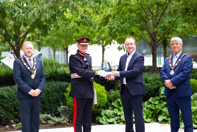 Lord Lieutenant of County Antrim, Mr David McCorkell; Mayor of Antrim and Newtownabbey, Councillor BIlly Webb and Deputy Mayor of Antrim and Newtownabbey, Councillor Stephen Ross with Jan Antonis from InspecVision Ltd who was recently awarded the Queen's Award for Enterprise
