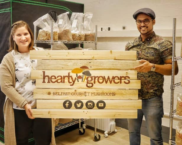 Judit and Terry Vaz of Hearty Growers raising oyster mushrooms in Portview Trade Centre in Belfast