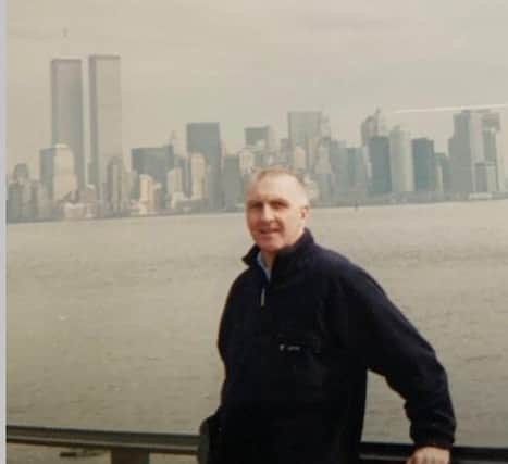 Rankin Armstrong, who later became editor of the News Letter, in New York in March 2000, pictured with the skyline including the World Trade Center twin towers in the background. He so enjoyed that trip with his wife that he returned with his family in September 2001 for his 50th birthday in the city and was staying with them in Manhattan during the attacks