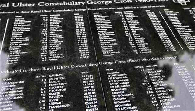 The picture to illustrate the Stephen White piece shows some of the names of murdered officers on the wall in the RUC George Cross Memorial Garden. In the middle of the picture, above, I can read the name of my own father
