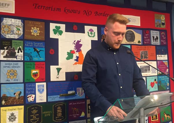Louie Johnston (SEFF Board member and son of Const. David Johnston, murdered in Lurgan in 1997) at launch of SEFF's Lisburn office.