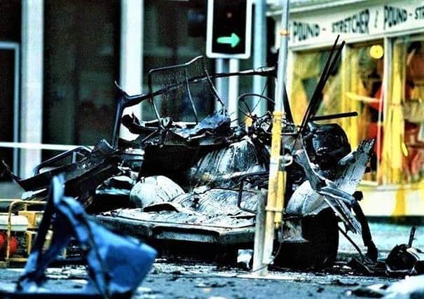 The mangled remains of a vehicle in which six soldiers had been travelling, after taking part in a fun run in Lisburn, 1988