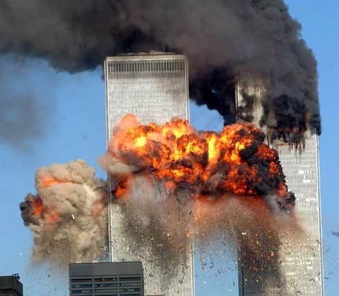 The South Tower being struck on September 11, 2001 around the 80th floor. Louise Traynor had just escaped down from the 101st level seconds before