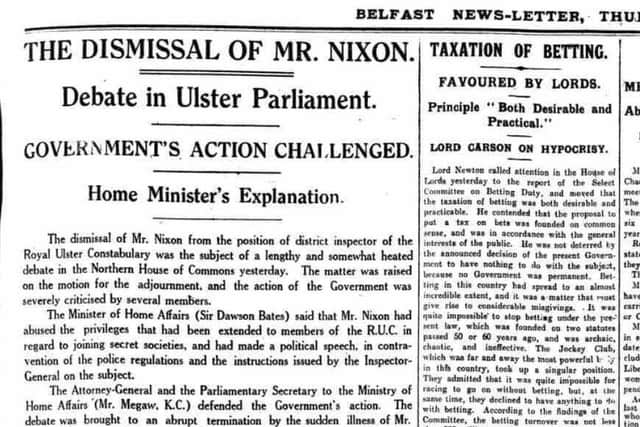 Edition of the News Letter from March 1924 which gave details of DI Nixon's dismissal. Picture: News Letter archives