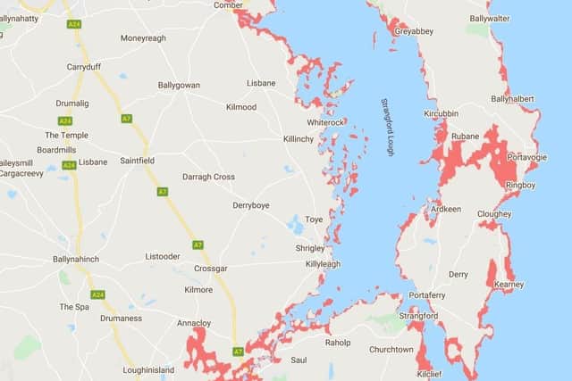 Areas of the Ards peninsula at risk of flooding, according to US-based non-profit Climate Central
