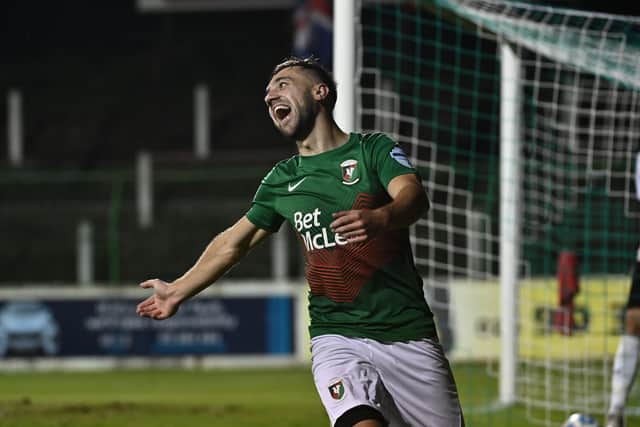 Conor McMenamin finished with hat-trick glory in Glentoran's win over Ballymena United. Pic by Pacemaker.