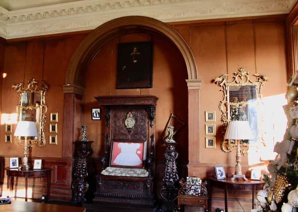 The throne of Bishop John Leslie, the fighting Bishop, in the Drawing Room at Castle Leslie, Glaslough, Co Monaghan, which he built as his estate. ‘Perhaps curiously, Leslie enjoyed good relations with Henry Cromwell, Oliver Cromwell’s son'