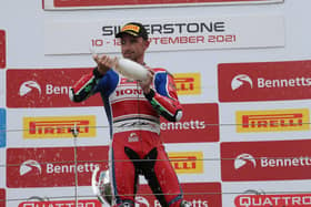 Honda Racing's Glenn Irwin celebrates his first British Superbike victory of the season at Silverstone on Saturday. Picture: David Yeomans Photography.