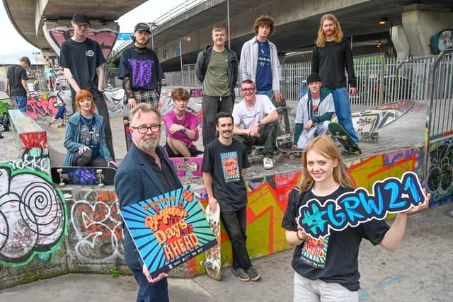 Peter Day from the Community Relations Council, Clare Kearney, Conor Valente from the Belfast Skate Collective and  local skaters Nicole Smallwood, Adam Patton, Caleb Court, James Ferris, Taylor Allen, Reuben Hughes, James Hannigan, Jake Murray and Matt McCopippin