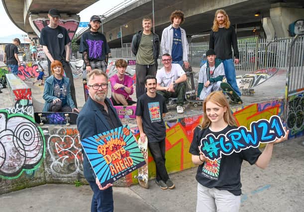 Celebrating the launch of Good Relations Week 2021 are: Peter Day from the Community Relations Council, Clare Kearney, Conor Valente from the Belfast Skate Collective and  local skaters Nicole Smallwood, Adam Patton, Caleb Court, James Ferris, Taylor Allen, Reuben Hughes, James Hannigan, Jake Murray and Matt McCopippin