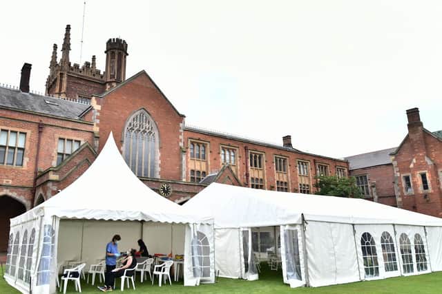 Queen’s University Belfast  open a Vaccination marque on the quad lawn  , which is opened for first dose of the Pfizer Jab,  between the 13th -17th of September from 10AM -4pm, with Students encouraged to get the Jab on Freshers week.
 Pic Colm Lenaghan/ Pacemaker