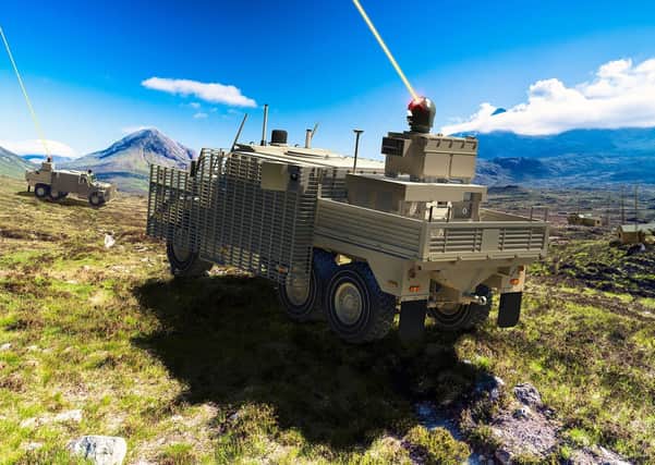 The laser Directed Energy Weapon (DEW) mounted on a British Army Wolfhound armoured vehicle