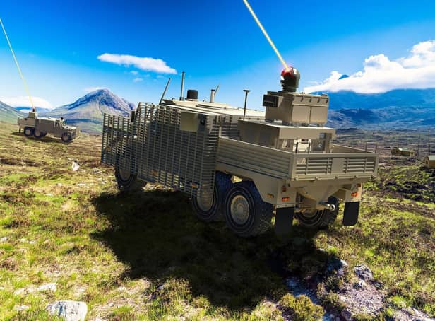 The laser Directed Energy Weapon (DEW) mounted on a British Army Wolfhound armoured vehicle