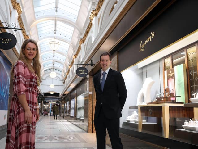 Lord Mayor of Belfast Kate Nicholl and John Lunn, managing director of Lunn’s Jewellers, pictured at Queen’s Arcade