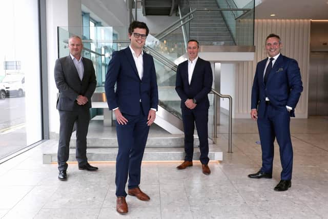 Pictured at Deloitte’s offices in Belfast are Gary Adams, CFO Totalmobile, Jason Starbuck Director at Deloitte, Julian McCamphill, Operations Director, Dowds Group and Paul McCue, MD, MPA Recruitment