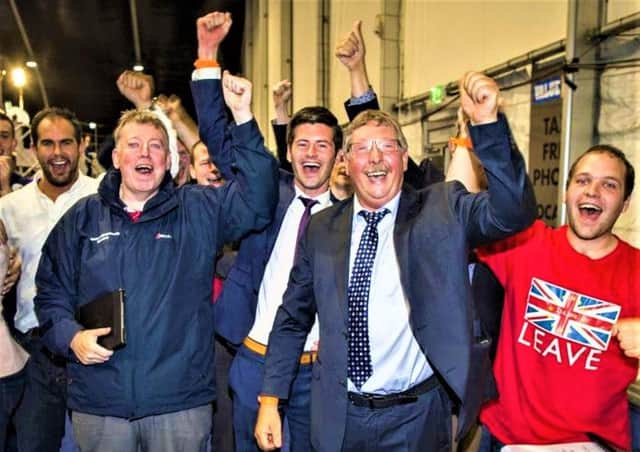 The DUP camp at the Titnanic Exhibition Centre on the morning victory for Vote Leave was declared