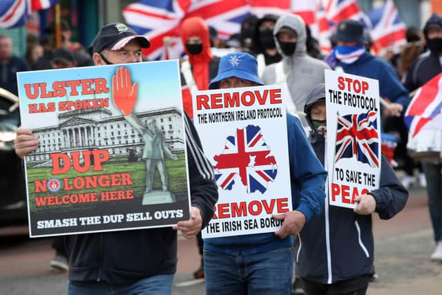 An anti-Northern Ireland Protocol protest march in north Belfast in June 2021. Presseye